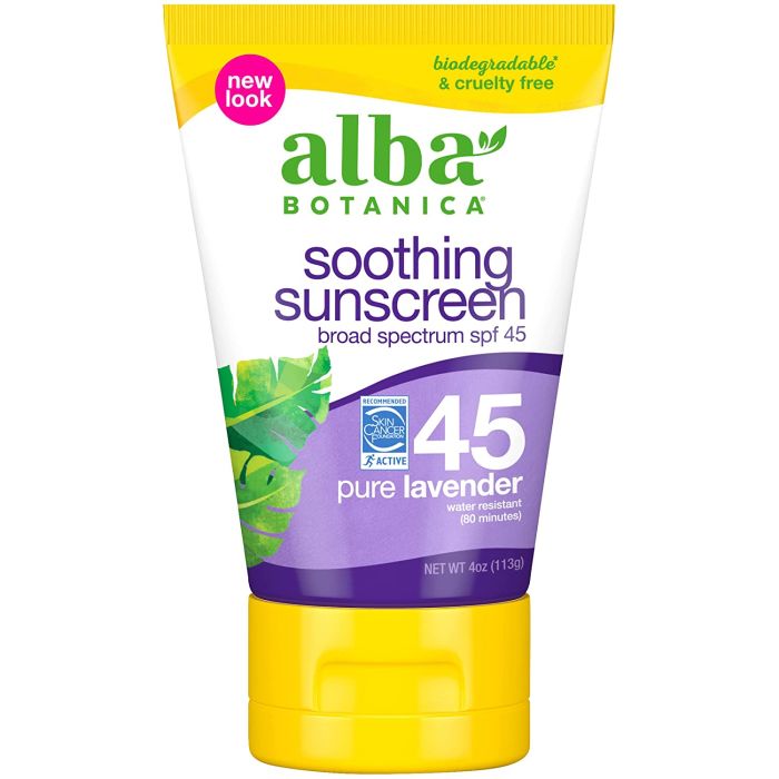 Alba Botanica Soothing Sunscreen Pure Lavender Lotion 45 spf 4 Oz - supplemynts.com