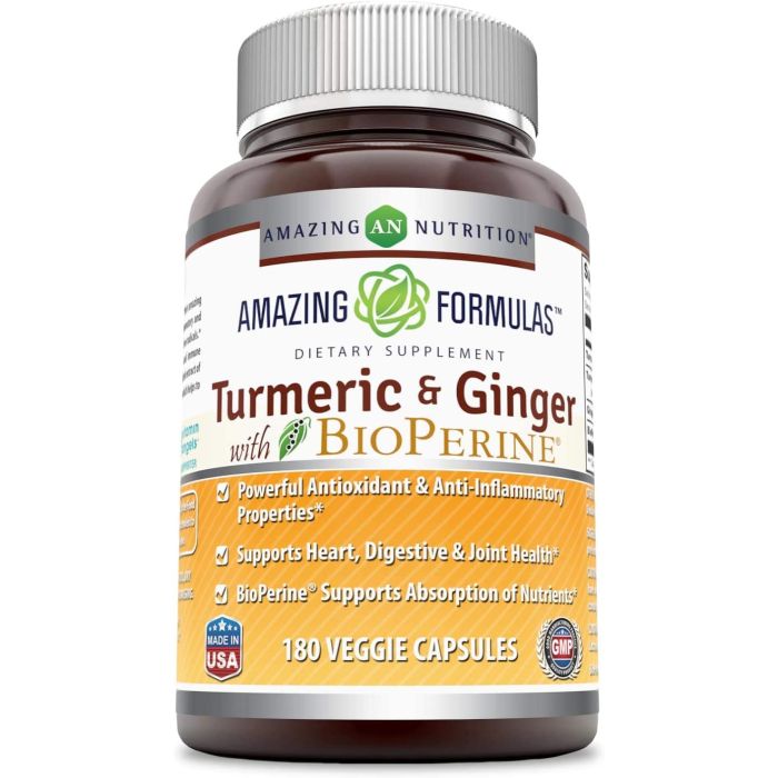 Amazing Formulas Turmeric Ginger with BioPerine 180 Veggie Capsules - supplemynts.com