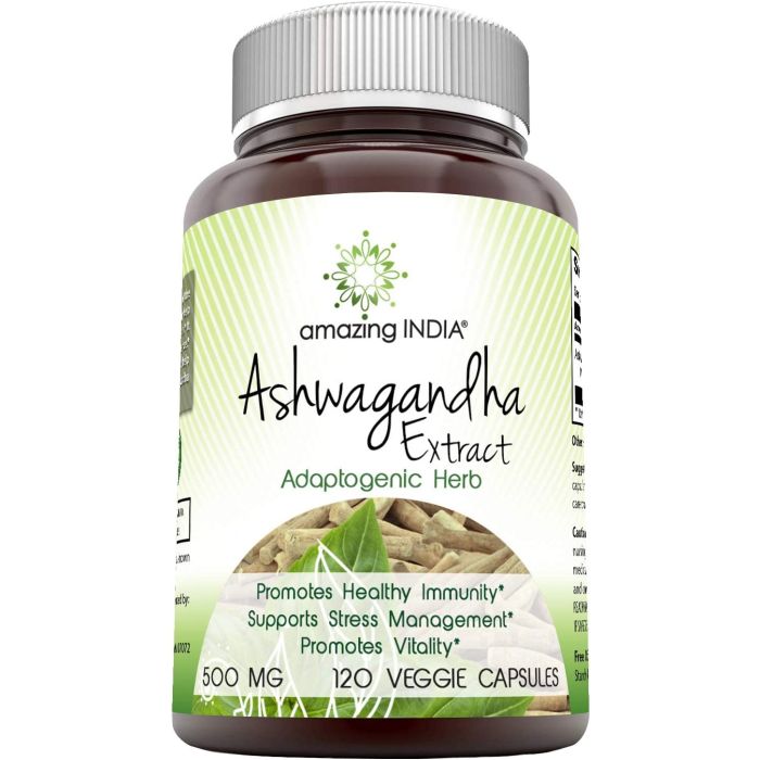 Amazing India Ashwagandha Extract 500mg 120 Capsules Adaptogenic Herbs - supplemynts.com