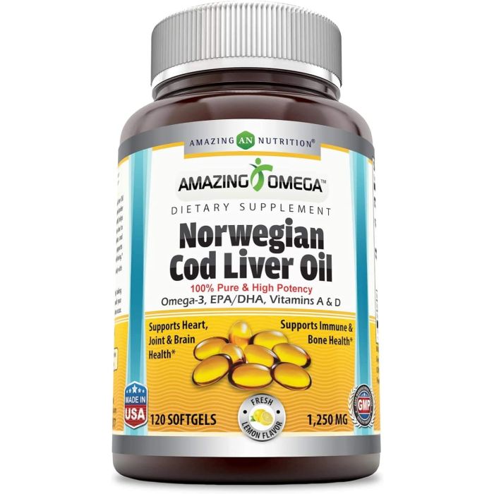 Amazing Omega Norwegian Cod Liver Oil 1250 mg 120 Flavored Softgels - supplemynts.com