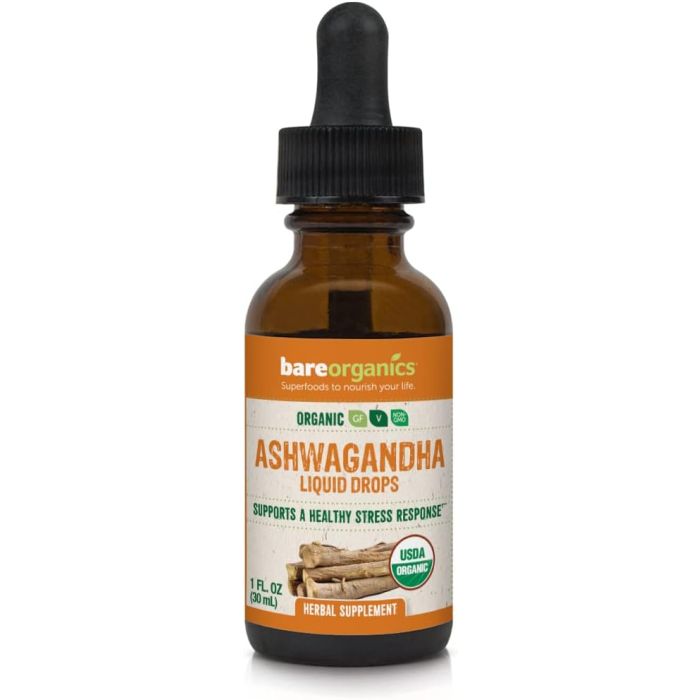 BareOrganics Ashwagandha Liquid Drops Stress Support Vegan - supplemynts.com