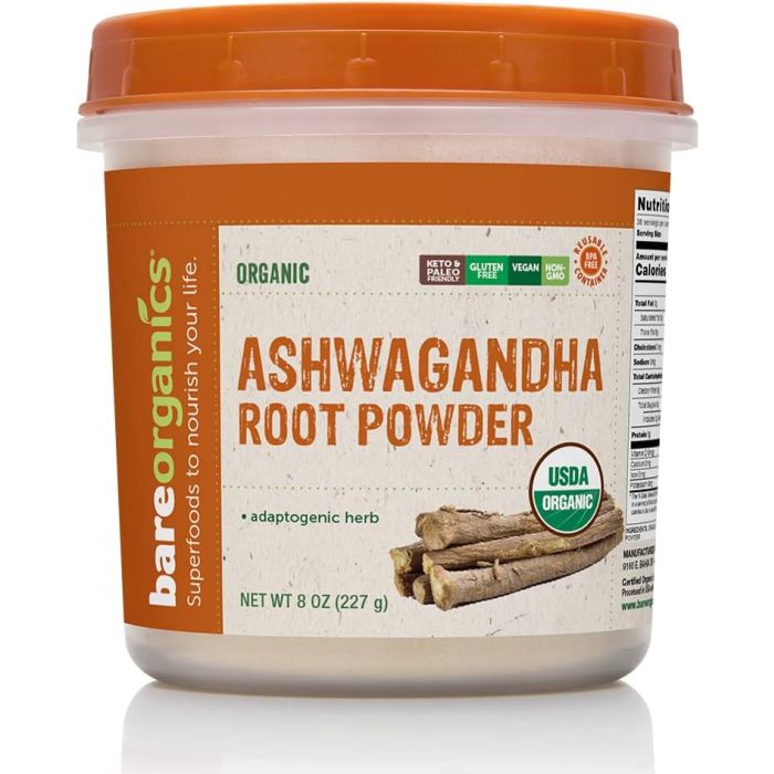 BareOrganics Ashwagandha Root Powder Adaptogenic Herb 8 Oz Vegan - supplemynts.com