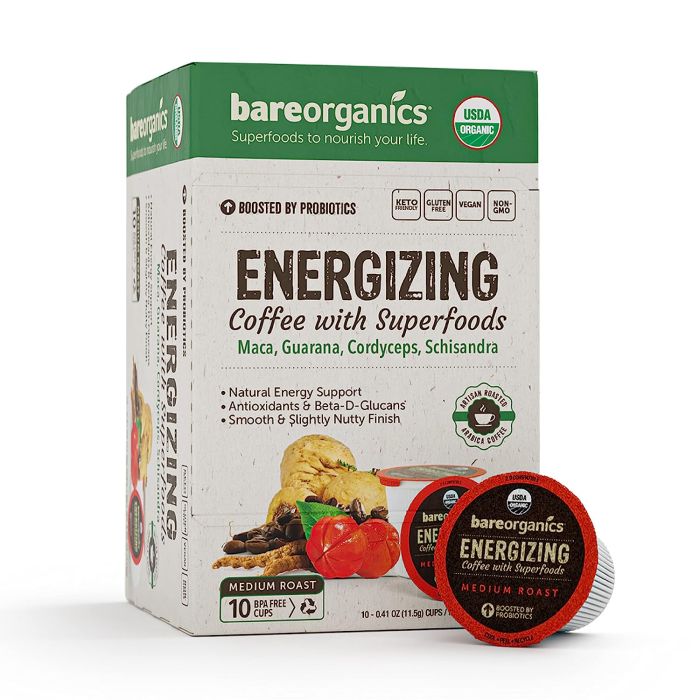 BareOrganics Energizing Coffee Superfoods 10ct Single Serve Cups Vegan - supplemynts.com