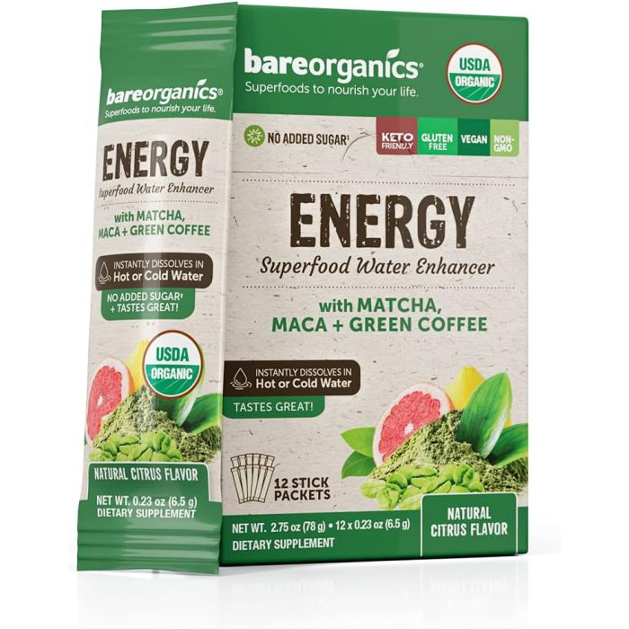 BareOrganics Energy Superfood Drink Mix Smoothie Booster 12 Stick Pack - supplemynts.com