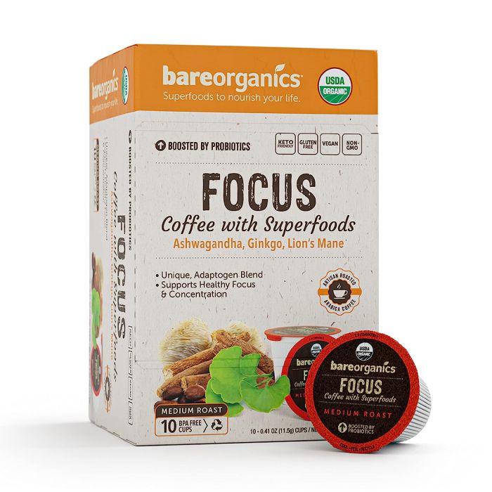 BareOrganics Focus Coffee Superfoods 10ct Single Serve Cups Vegan - supplemynts.com