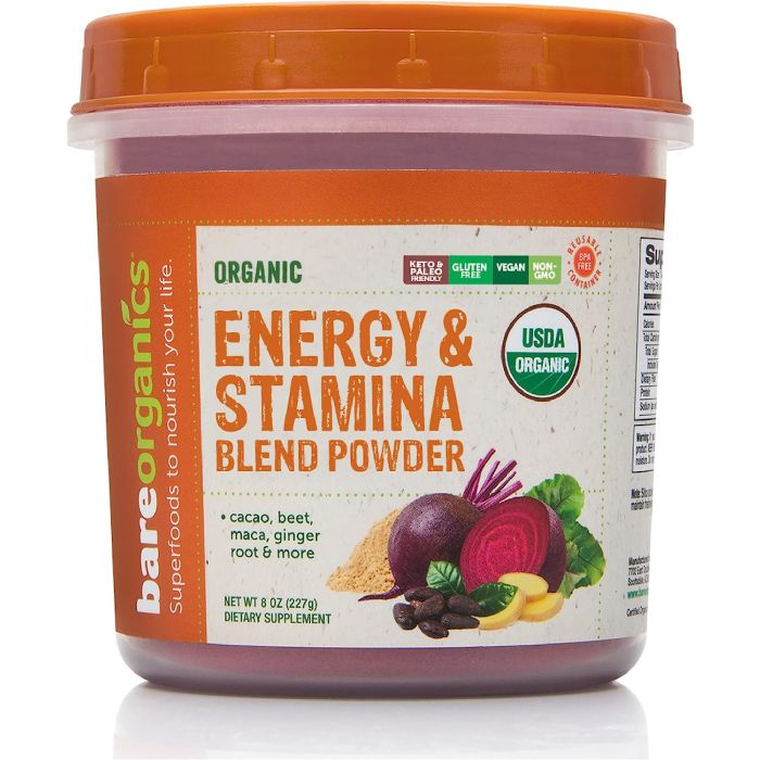 BareOrganics Raw Energy Stamina Blend Powder 8 Oz Gluten Free Vegan - supplemynts.com