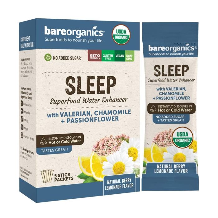 BareOrganics Sleep Superfood Drink Mix Smoothie Booster 5 Stick Pack - supplemynts.com