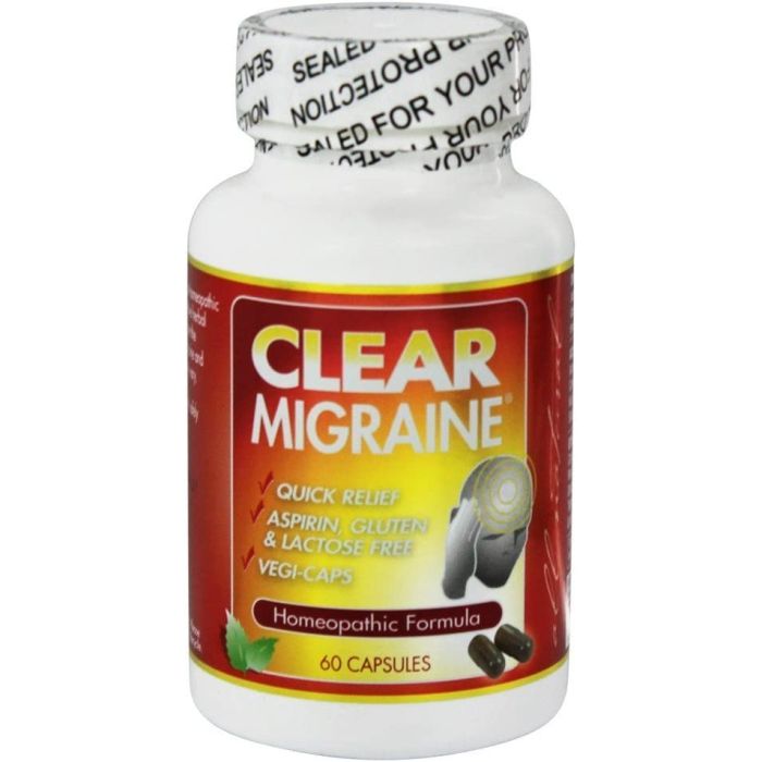 Clear Migraine Homeopathic Formula Quick Relief 60 Capsules - supplemynts.com
