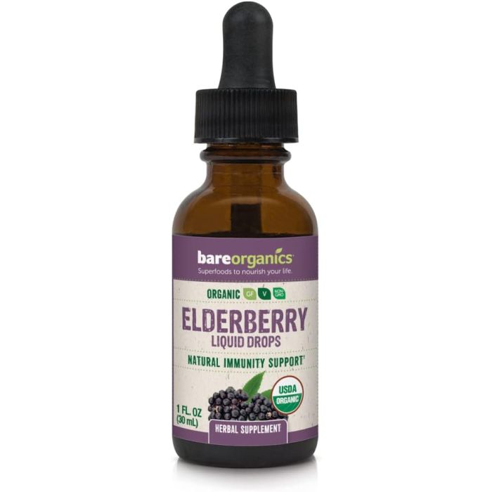 Elderberry Liquid Drops Immunity Support Gluten Free BareOrganics 1oz - supplemynts.com