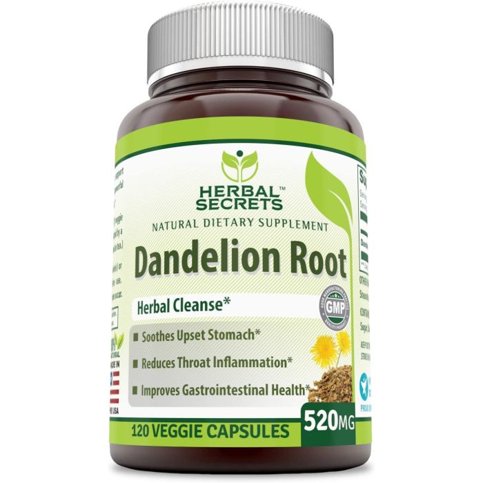 Herbal Secrets Dandelion Root 520 Mg 120 Veggie Caps Herbal Cleanse - supplemynts.com