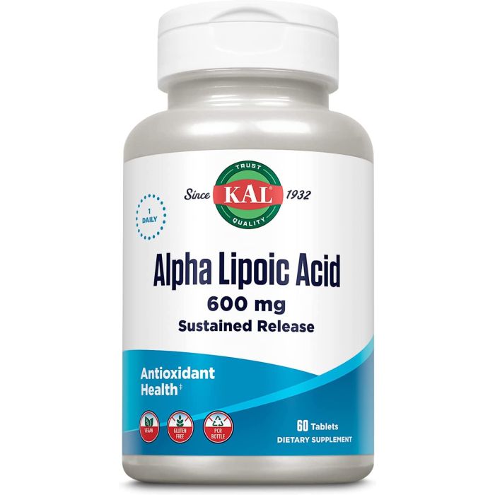 KAL Alpha Lipoic Acid Sustained Release 60 Tablets 600mg Antioxidant - supplemynts.com