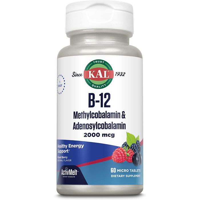KAL B12 Methylcobalamin Adenosylcobalamin 2000mcg ActivMelt 60 Tablets - supplemynts.com