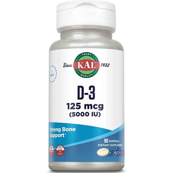 KAL D3 125mcg 5000 IU ActivGels 90 Softgels Bone Support Supplement - supplemynts.com