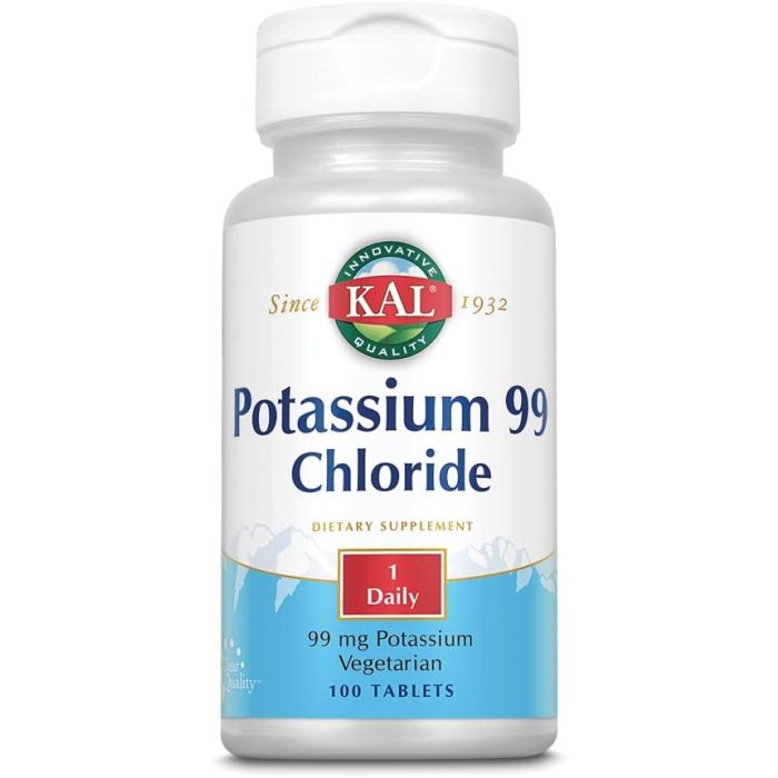 KAL Potassium 99 Chloride Tablets 100Cnt Vegetarian Dietary Supplement - supplemynts.com