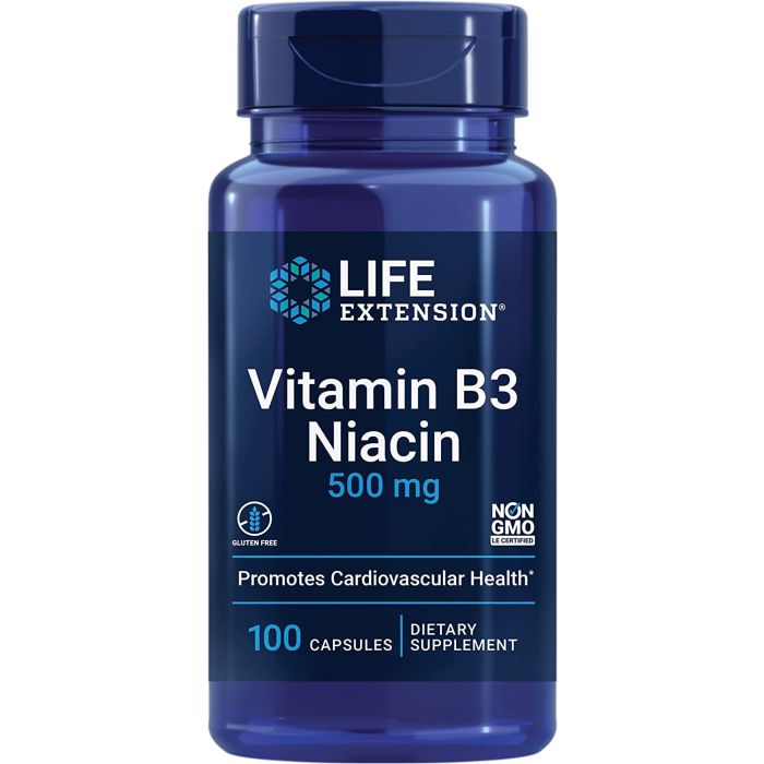 Life Extension Vitamin B3 Niacin 500mg 100 Caps Gluten Free Non GMO - supplemynts.com