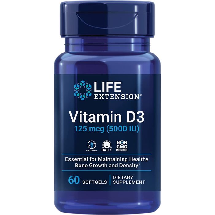 Life Extension Vitamin D3 125 mcg 5000 IU 60 Softgels Immune Health - supplemynts.com