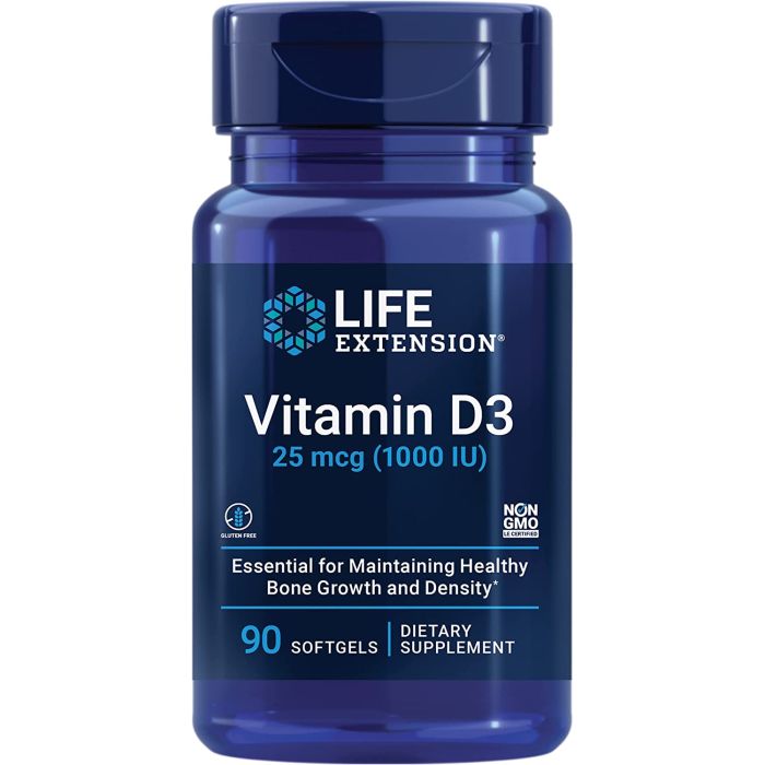 Life Extension Vitamin D3 25 mcg 1000 IU Softgels Bone Growth Support - supplemynts.com