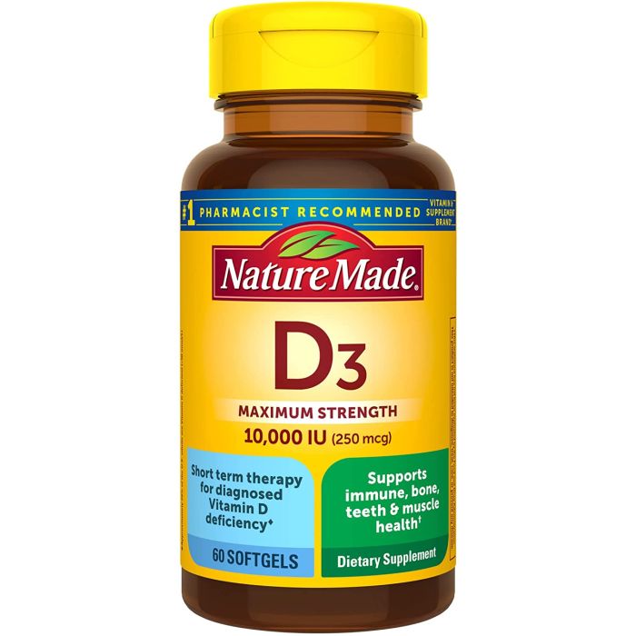 Nature Made Vitamin D3 Maximum Strength 10,000 IU 250mcg 60 Softgels - supplemynts.com