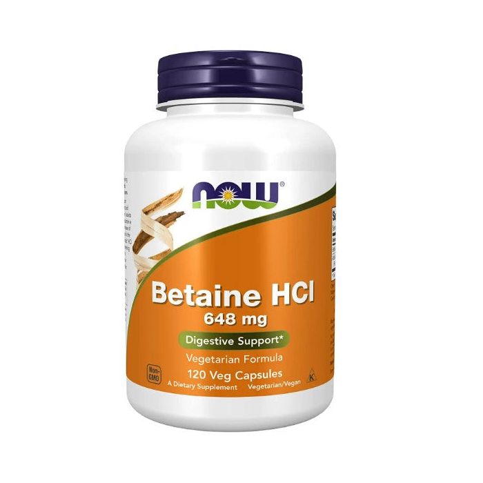 NOW Betaine HCl 648mg Digestive Support Supplement 120 Veggie Caps - supplemynts.com