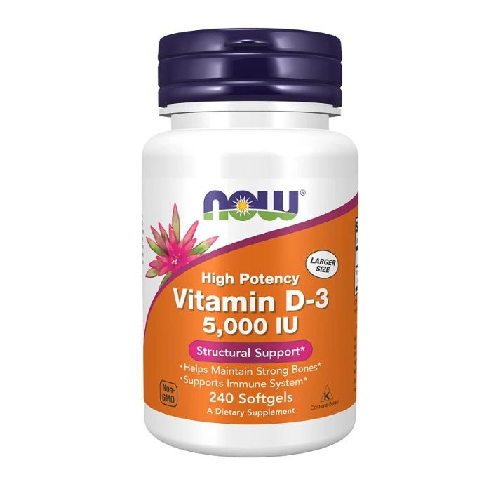 NOW High Potency Vitamin D-3 5000IU Structural Support 240 Softgels - supplemynts.com