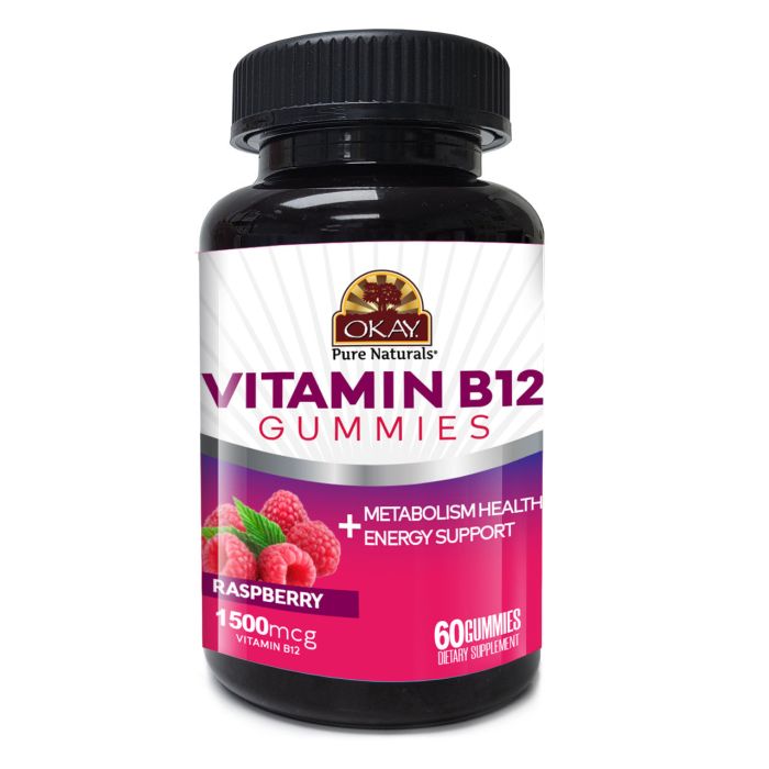 Okay Energy Support Gummies Vitamin B12 60 Count Raspberry - supplemynts.com