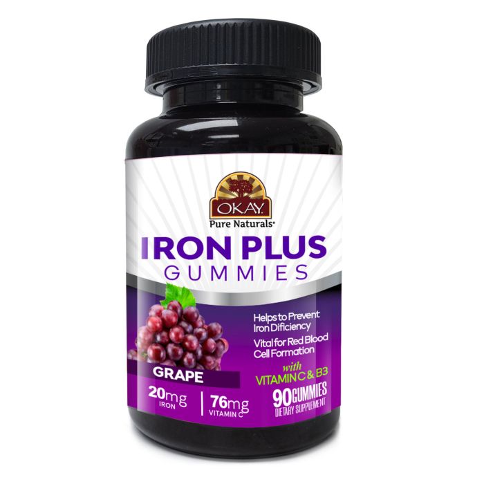 Okay Gummies Iron Plus 90 Count Grape Flavor Vitamin C B3 - supplemynts.com