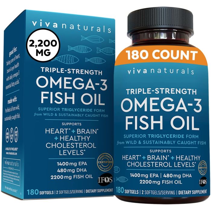 Viva Naturals Triple Strength Omega 3 Fish Oil 2,200mg 180 Softgels - supplemynts.com
