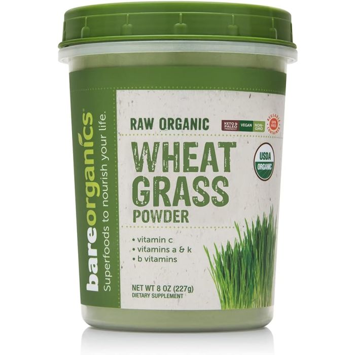 Wheat Grass Powder 8 Oz BareOrganics Vitamin C A K Vegan Gluten Free - supplemynts.com