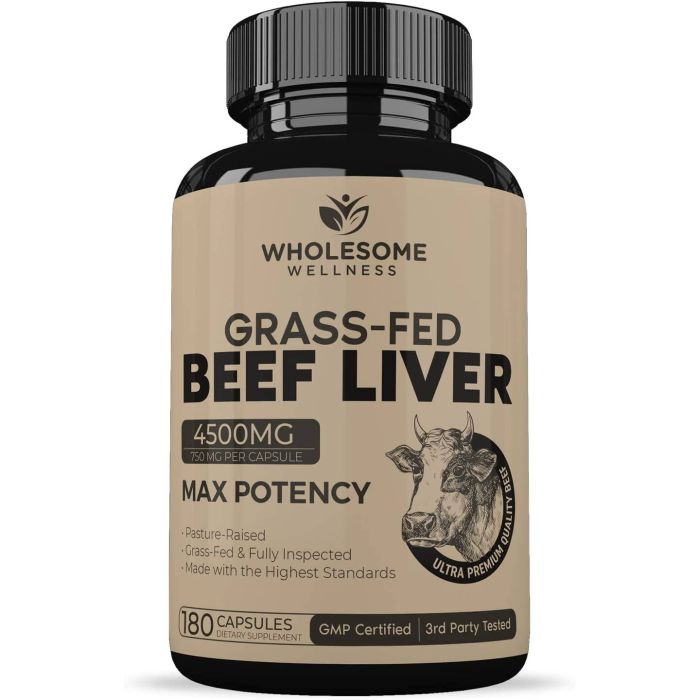 Wholesome Grass Fed Desiccated Beef Liver Capsules 180 Pills 750mg - supplemynts.com