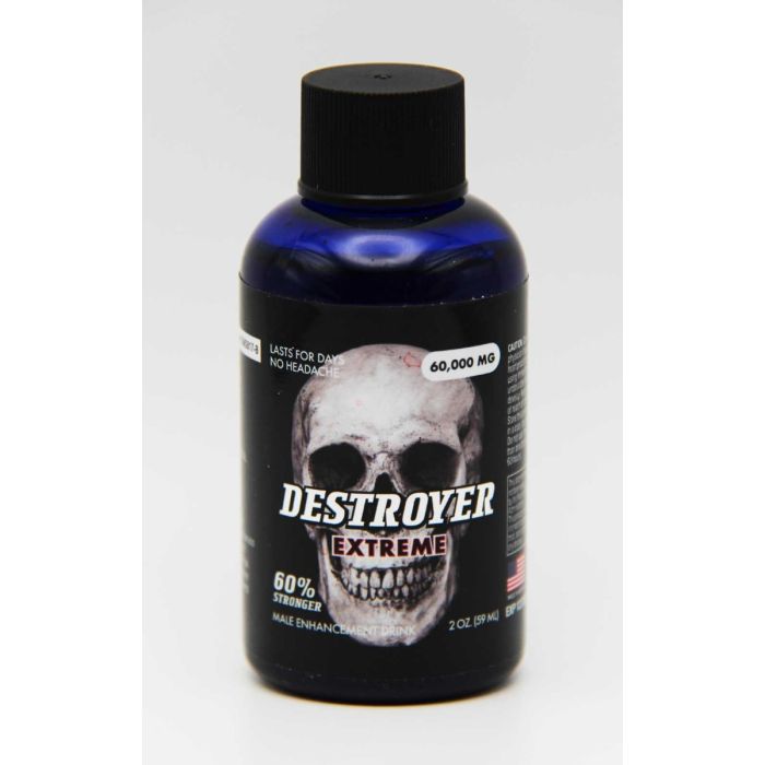 Destroyer Extreme male enhancement shot 2 fl oz bottle side view dosage and warning label