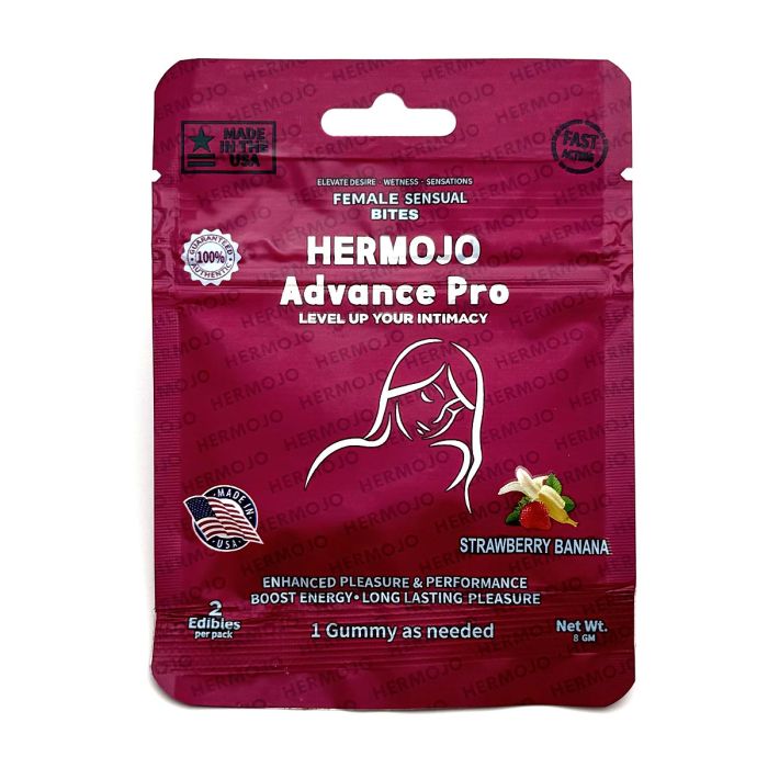 HERMOJO Advance Pro Female Sensual Bites with Ashwagandha and Strawberry Banana for peak performance.