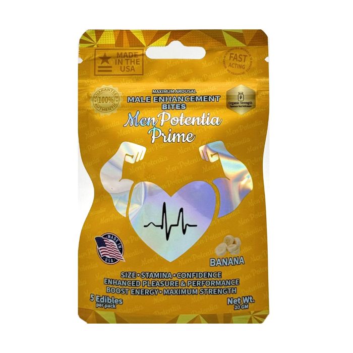 Image of Men Potentia Prime Banana Male Enhancement Bites, a natural supplement to boost male libido and enhance sexual performance, Halal and Gelatin-Free.