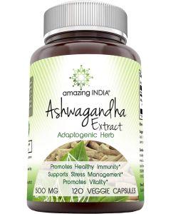 Amazing India Ashwagandha Extract 500mg 120 Capsules Adaptogenic Herbs - supplemynts.com