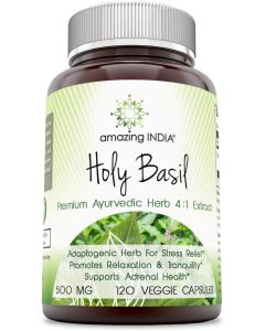 Amazing India Holy Basil 500mg 120 Veggie Capsules Adrenal Health