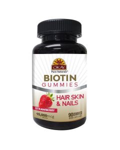 Hair Skin Nail Support Okay Gummies Biotin 90 Count Strawberry Flavor