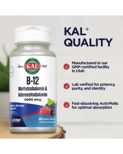 KAL B12 Methylcobalamin Adenosylcobalamin 2000mcg ActivMelt 60 Tablets