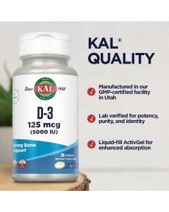 KAL D3 125mcg 5000 IU ActivGels 90 Softgels Bone Support Supplement