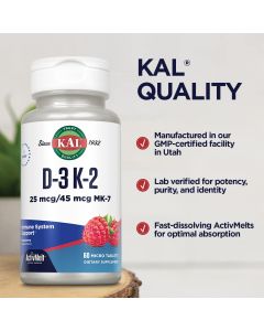 KAL D3 K2 ActivMelt 60 Tablets Raspberry Flavored Immune Support - supplemynts.com