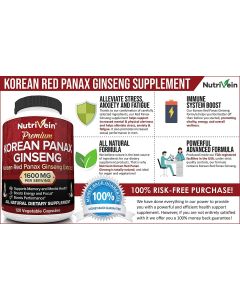 Nutrivein Pure Korean Red Panax Ginseng Energy Boost 120 Veggie Caps - supplemynts.com