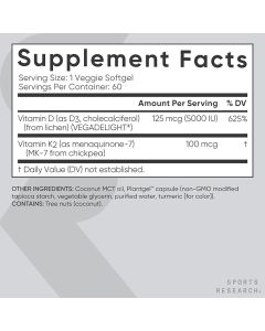 High potency Sports Research Vitamin D3 + K2 5000 IU softgels for bone strength