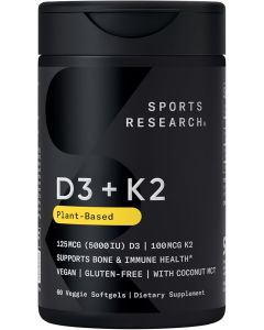 High potency Sports Research Vitamin D3 + K2 5000 IU softgels for bone strength