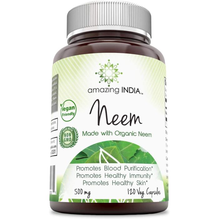 Amazing India Neem 500mg 120 Veggie Capsules Support Healthy Skin - supplemynts.com
